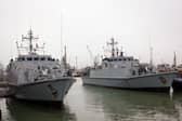 Ukraine ships Chernihiv alongside Cherkasy at HMNB Portsmouth in 2024. The two former Royal Navy minehunter ships were handed over to the Ukrainian navy for future missions in the Black Sea.