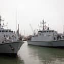Ukraine ships Chernihiv alongside Cherkasy at HMNB Portsmouth in 2024. The two former Royal Navy minehunter ships were handed over to the Ukrainian navy for future missions in the Black Sea.