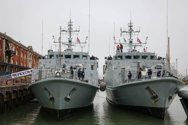 Handout photo issued by the Ministry of Defence (MoD) of Chernihiv alongside Cherkasy at No 2 Basin His Majesty's Naval Base Portsmouth. The two former Royal Navy minehunter ships which have been handed over to the Ukrainian navy have arrived in Portsmouth as the crews undergo training to prepare them for future missions in the Black Sea. The two Sandown-class warships, HMS Grimsby and HMS Shoreham, were decommissioned from the Royal Navy to be transferred to the Ukrainian military where they now operate under the names Chernihiv and Cherkasy. Picture date: Thursday April 11, 2024. PA Photo