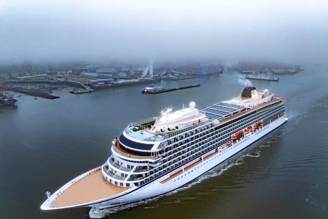 Viking Saturn sailing into Portsmouth on her first call to the city.
