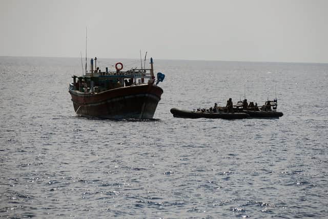 HMS Lancaster boarding team tracking down one of the drug smuggling ships. Picture: Royal Navy