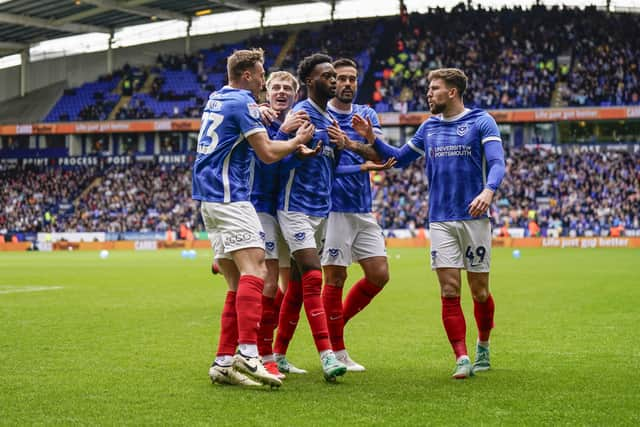 Abu Kamara celebrating after putting Pompey 1-0 up against Bolton Wanderers on Saturday (April 13).