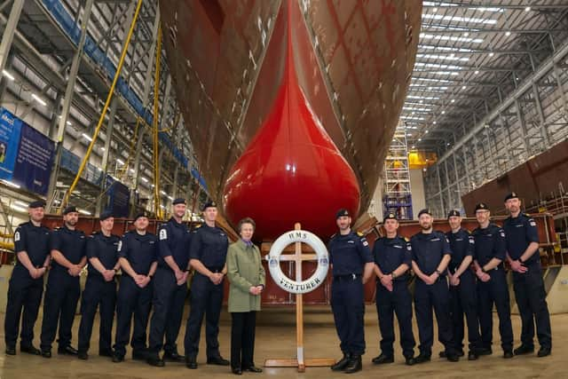 The Princess Royal alongside the ship's company of HMS Venturer in Rosyth, Scotland. Picture: Royal Navy