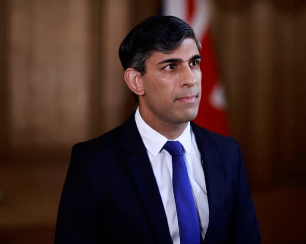 Prime minister Rishi Sunak records a statement inside 10 Downing Street, London, after Iran launched an unprecedented attack on Israel that saw RAF jets deployed to shoot down drones from Tehran. Picture: Benjamin Cremel /PA Wire
