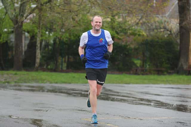 Year 4 teacher Paul Saunders at Padnell Junior School ran laps around the school playground for seven hours on Friday, March 28, 2024, raising money for Hannah's Holiday Home Appeal. Picture: Sarah Standing (280324-6870)