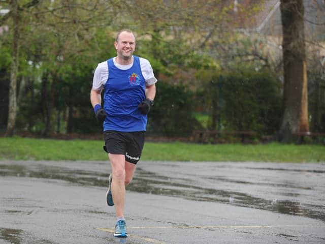Year 4 teacher Paul Saunders at Padnell Junior School ran laps around the school playground for seven hours on Friday, March 28, 2024, raising money for Hannah's Holiday Home Appeal. Picture: Sarah Standing (280324-6870)
