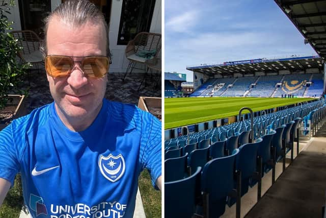 Jason Wiltshire has travelled from LA to Portsmouth for tonight's title deciding match against Barnsley. He managed to get the last ticket for the game. Picture: Contributed/Alex Shute