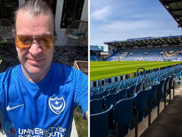 Jason Wiltshire has travelled from LA to Portsmouth for tonight's title deciding match against Barnsley. He managed to get the last ticket for the game. Picture: Contributed/Alex Shute