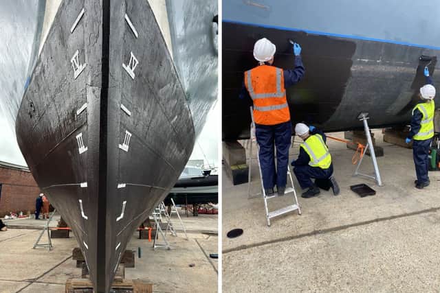 L: HMS Medusa freshly sanded and painted. R: Victory Squadron sailors painting the vessel.