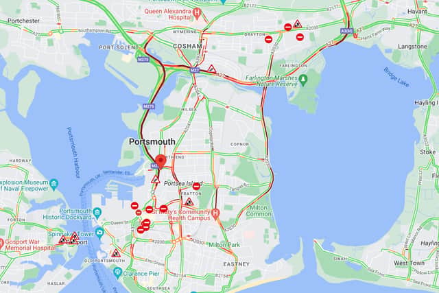 AA traffic news reports major delays in and out of Portsmouth.