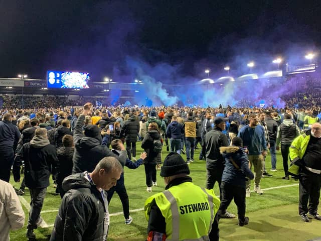 Pitch invasion at Fratton Park this evening after Pompey's 3-2 victory