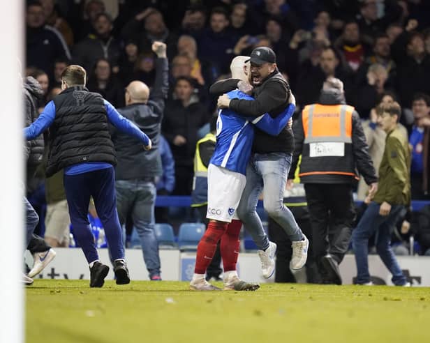 Connor Ogilvie celebrates the goal which won Pompey the League One title. Picture: Jason Brown/ProSportsImages