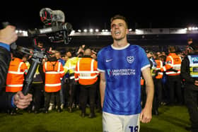 Pompey defender Conor Shaughnessy wrote himself into Fratton legend with the goal which won his side the the League One title against Barnsley. Pic: Jason Brown/ProSportsImages