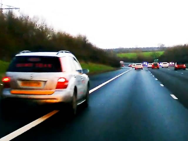 Miley Connors, 37, driving dangerously on the hard shoulder of the M40.  