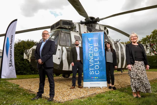 StandardAero has been unveiled as the headline sponsor of the Gosport Business Awards. Pictured, from left, are StandardAero's group MD Simon Jones with the company's government business director David Steer, marketing officer at St Vincent College Kate Stanley-Harrison and Bev Flanagan, head of marketing at Lighthouse Learning Trust. Picture: Chris Moorhouse (170424-13)