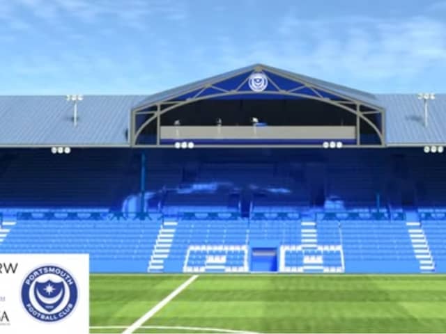 An artist's impression of how the new TV gantry above Fratton Park's South Stand will look
