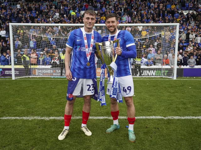 Owen Moxon and Callum Lang savour the League One title. Picture: Jason Brown/ProSportsImages