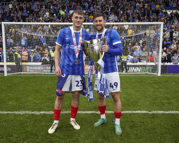 Owen Moxon and Callum Lang savour the League One title. Picture: Jason Brown/ProSportsImages