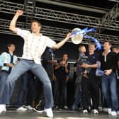 Hermann Hreidarsson entertaining the Pompey fans on Southsea Common in May 2008
