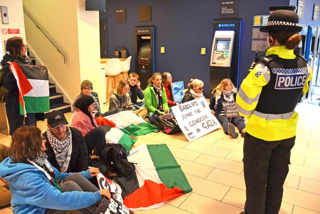 A previous "sit-in" protest at Barclays in Commercial Road, Portsmouth on April 7. No arrests were made.