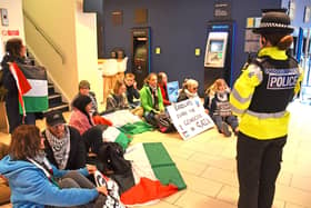 A previous "sit-in" protest at Barclays in Commercial Road, Portsmouth on April 7. No arrests were made.