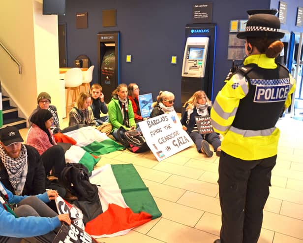 A previous "sit-in" protest at Barclays in Commercial Road, Portsmouth on April 7. No arrests were made.