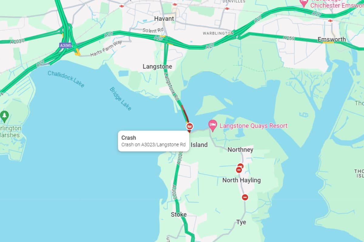 Collision on Langstone Road in Hayling Island according to Google Maps