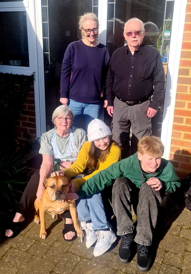 Billy with new owners Sue and Bill Greenwood also pictured is their daughter Natalie and grandchildren Iris & William.