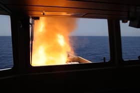Sea Viper missile being launched from HMS Diamond to shoot down a missile fired by the Iranian-backed Houthis from Yemen, the first time a Royal Navy warship has intercepted a missile in combat since 1991.