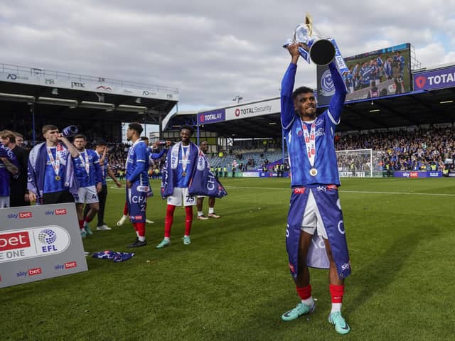 Chelsea loanee Tino Anjorin celebrates Pompey's League One title win. Pic: Jason Brown.