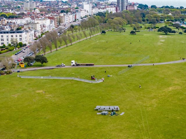 Drone footage has captured the start of the celebration set up, ready for tomorrow's Pompey FC League One events. 