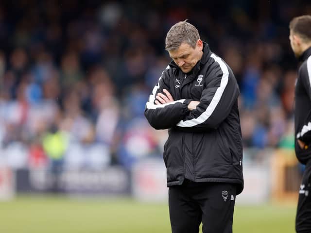 Lincoln City boss Michael Skubala in the 2-0 defeat to Pompey. Pic: Richard Sellers/PA Wire.