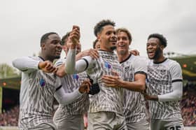 Myles Peart-Harris celebrates giving Pompey the lead at Lincoln in his final appearance. Picture: Jason Brown/ProSportsImages