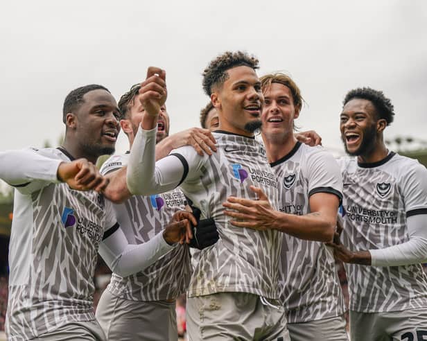 Myles Peart-Harris celebrates giving Pompey the lead at Lincoln in his final appearance. Picture: Jason Brown/ProSportsImages