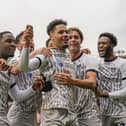 Myles Peart-Harris celebrates giving Pompey the lead at Lincoln in his final appearance. Picture: Jason Brown/ProSportsImages