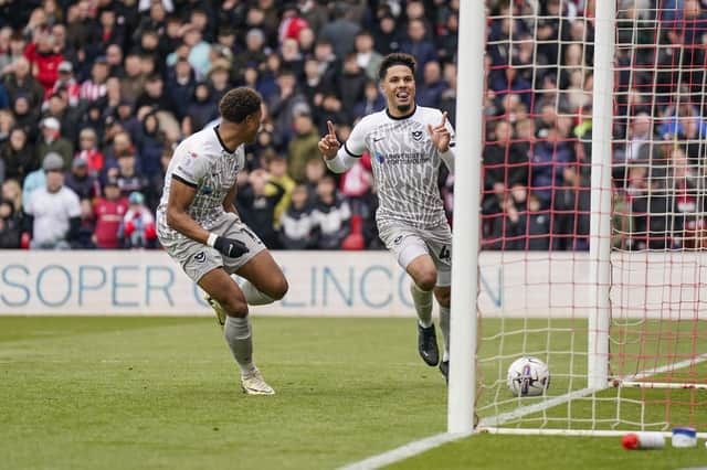 Myles Peart-Harris marked his Pompey farewell by opening the scoring at Lincoln. Picture: Jason Brown/ProSportsImages