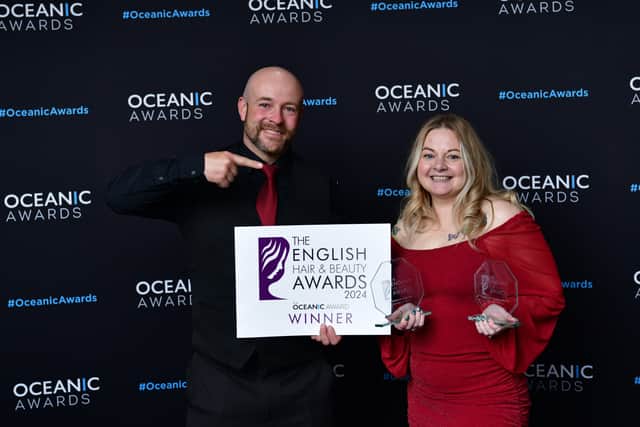 Charlotte Brighton, of Charlotte's Beauty, was named as the South East Nail Technician and Creative Nail Technician of the Year. Pictured is Charlotte alongside her partner Gary.