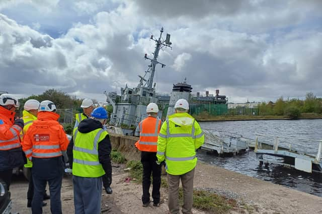 HMS Bronington on 17 April 2024 at Gillbrook Basin, Birkenhead. Pic:  Michael Johns (HMS Bronington Trust).