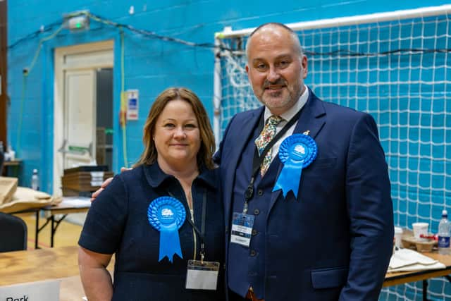 Lisa Birkett and Fred Birkett, the outgoing Mayor and Mayoress of Fareham at the count. Picture: Mike Cooter (030524)