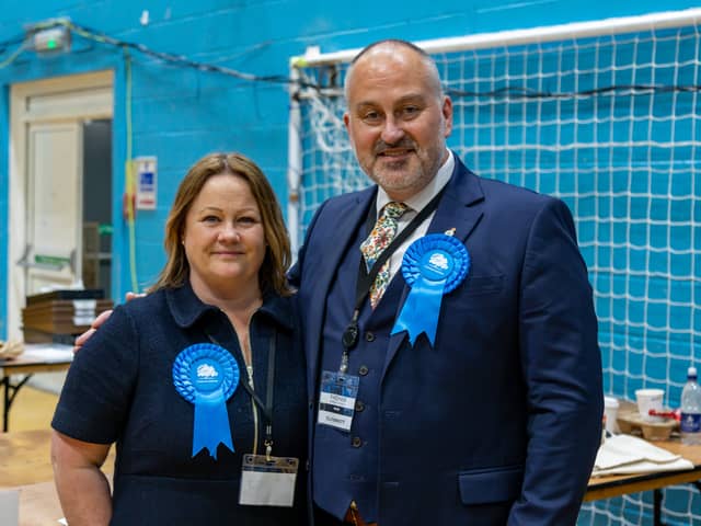 Lisa Birkett and Fred Birkett, the outgoing Mayor and Mayoress of Fareham at the count. Picture: Mike Cooter (030524)