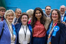 Pam Bryant with daughter Louise Clubley who won at Uplands and Funtley, pictured with Suella Braverman MP and Tina Ellis, winner at the Avenue ward. Picture: Mike Cooter (030524)