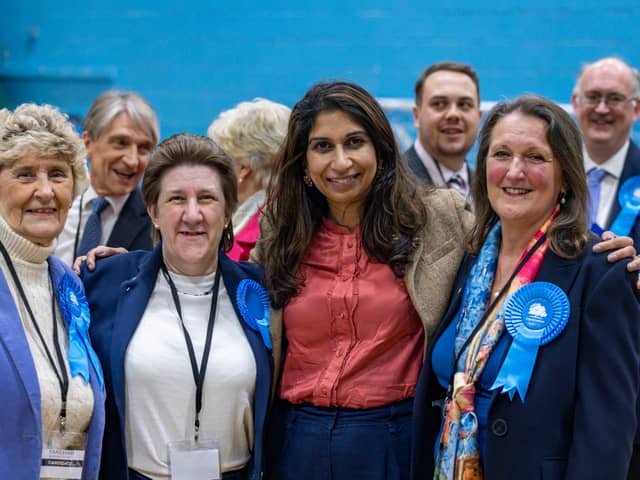 Pam Bryant with daughter Louise Clubley who won at Uplands and Funtley, pictured with Suella Braverman MP and Tina Ellis, winner at the Avenue ward. Picture: Mike Cooter (030524)