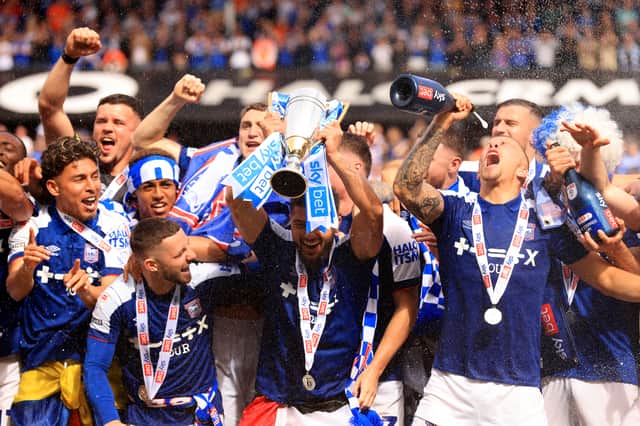 Ex-Pompey favourites Conor Chaplin (bottom left) and George Hirst (top left) celebrate promotion to the Premier League. Picture: Stephen Pond/Getty Images