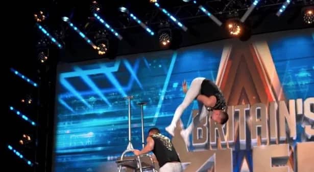 Britain's Got Talent act Serbat Troupe's stunt goes wrong.