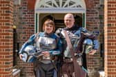 Mandy Rankin, and Dave Rankin in Mandalorian outfits for their Star Wars themed wedding on May The Fourth. 