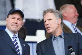 Pompey chairman Michael Eisner, left, alongside Will Ferrell at Fratton Park in August 2019