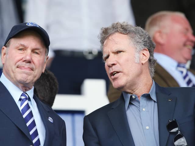 Pompey chairman Michael Eisner, left, alongside Will Ferrell at Fratton Park in August 2019