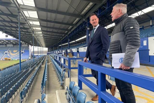 Portsmouth South MP Stephen Morgan at Fratton park. Pompey have become the first football club to install male incontinence bins at their stadium for home and away supporters. 