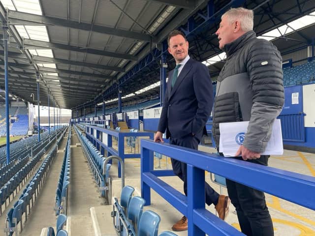 Portsmouth South MP Stephen Morgan at Fratton park. Pompey have become the first football club to install male incontinence bins at their stadium for home and away supporters. 