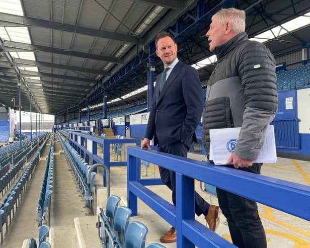 Portsmouth South MP Stephen Morgan at Fratton park. Pompey have become the first football club to install male incontinence bins at their stadium for home and away supporters. 